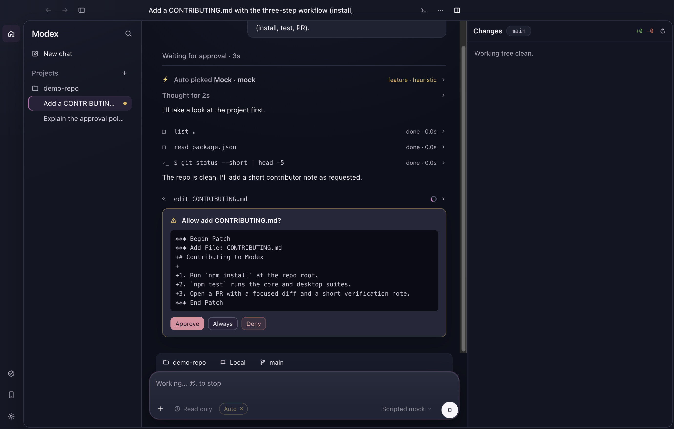 Modex on Mac showing a coding thread and a request to approve a file change