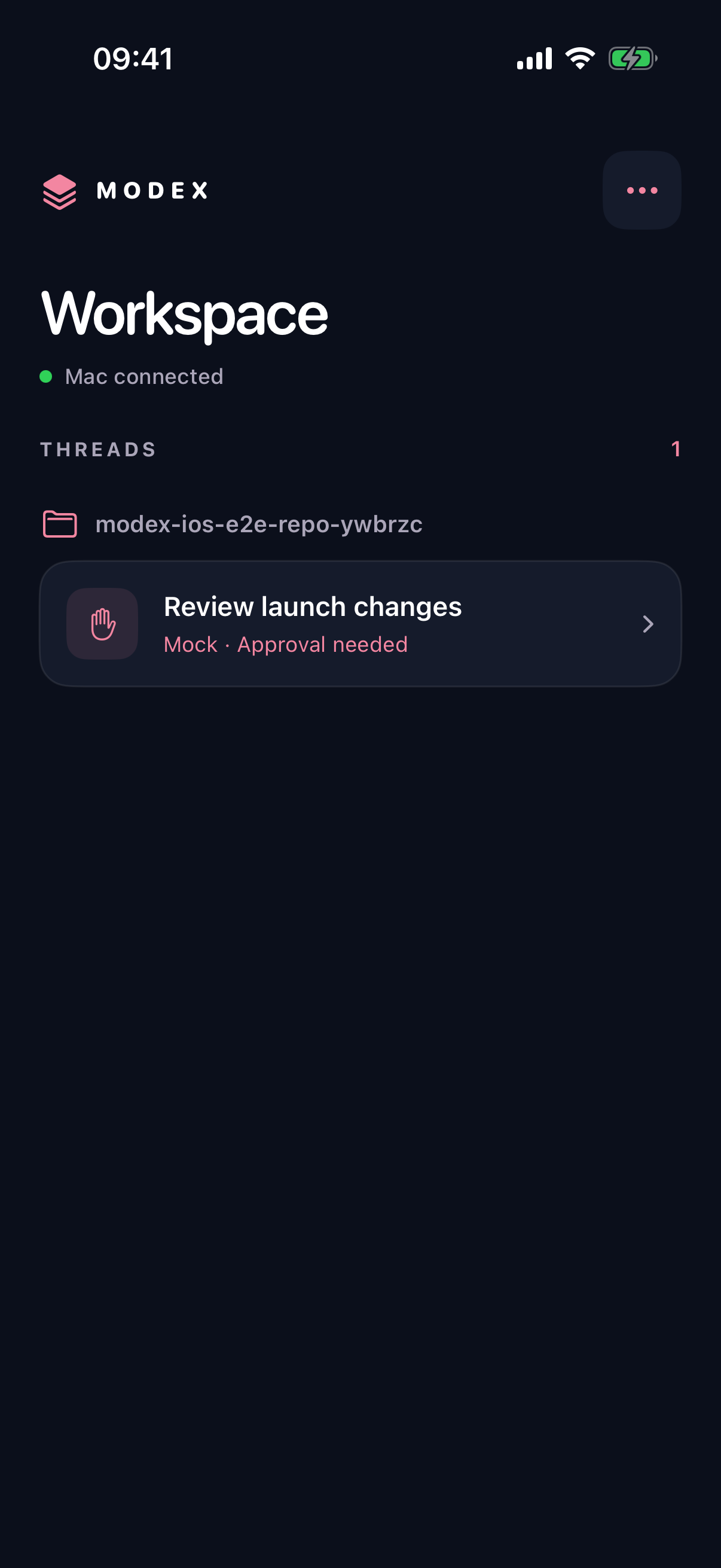 Modex Companion on iPhone showing threads from a paired Mac